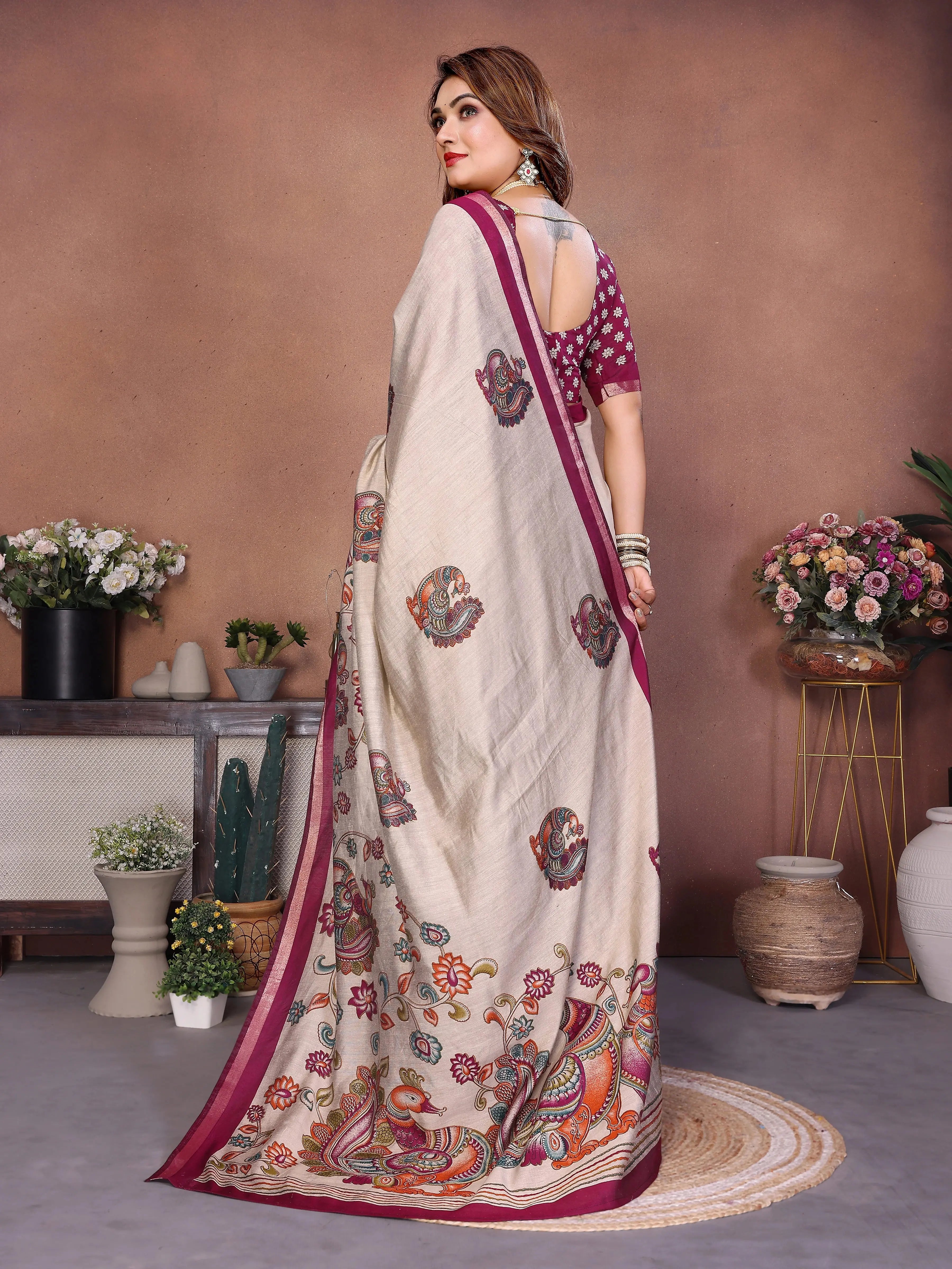 Dark Maroon & Beige Kalamkari Print Mul Cotton – Kalyanja